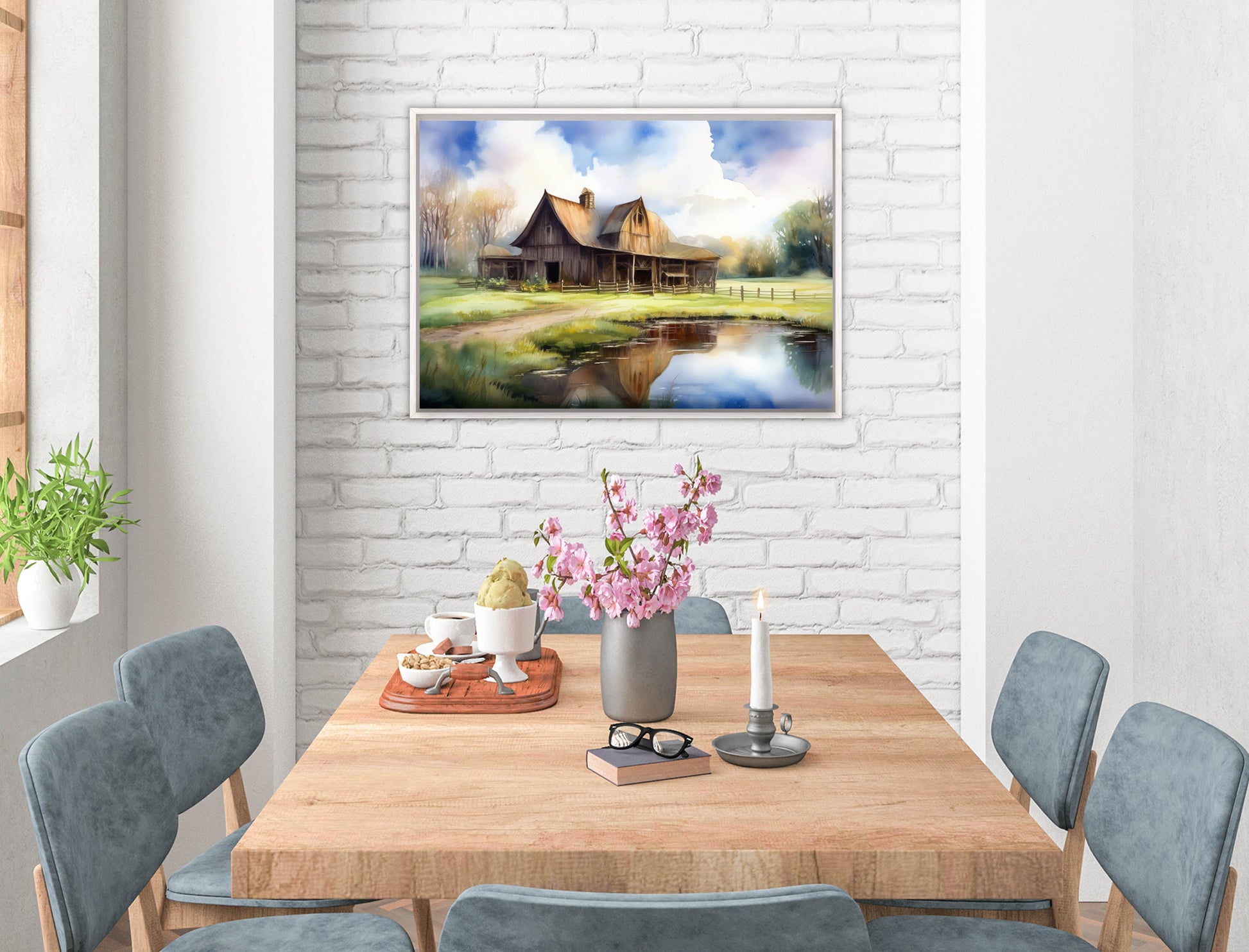 Barn - Evening on the Pond - Canvas Wrap - White Frame on Dining Room Room Wall