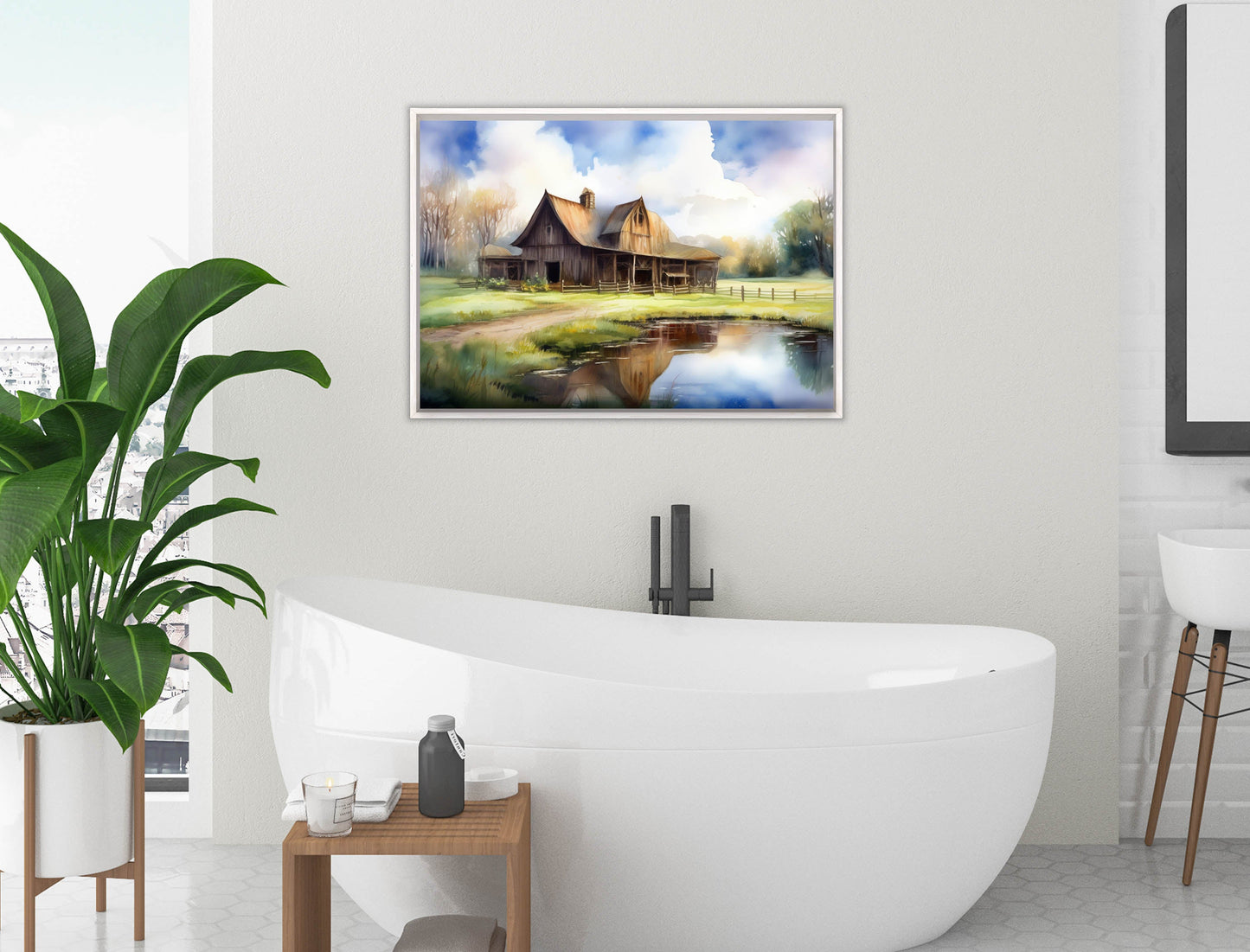 Barn - Evening on the Pond - Canvas Wrap - White Frame on Bathroom Wall