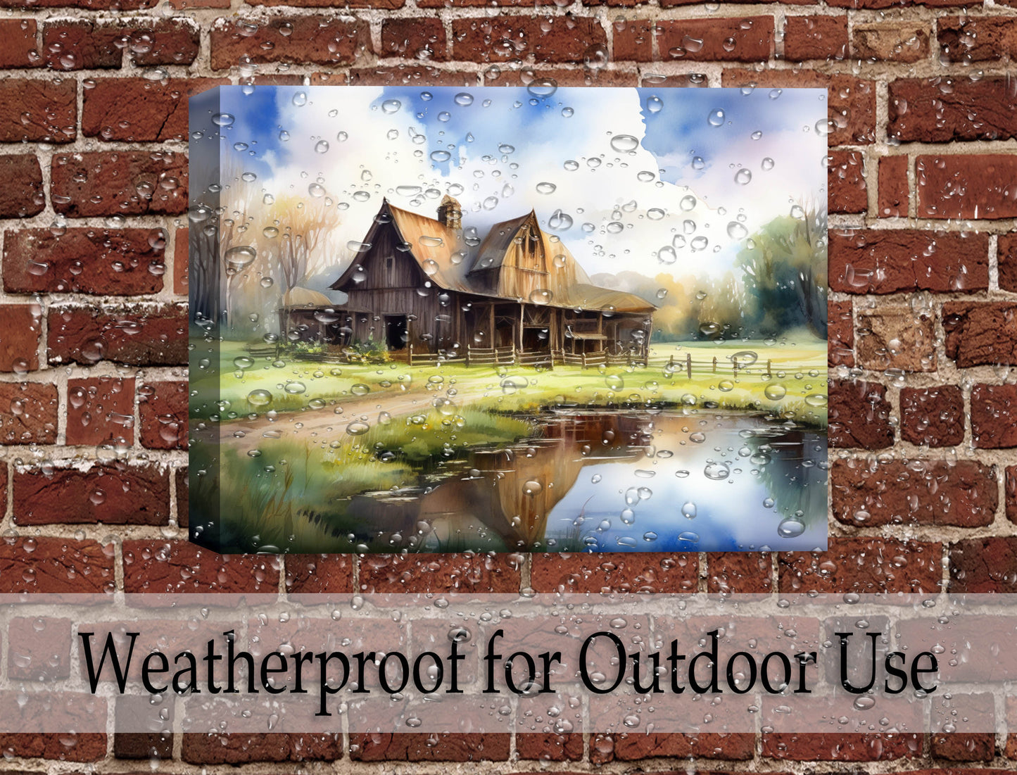 Barn - Evening on the Pond - Canvas Wrap - Waterproof on Brick Wall