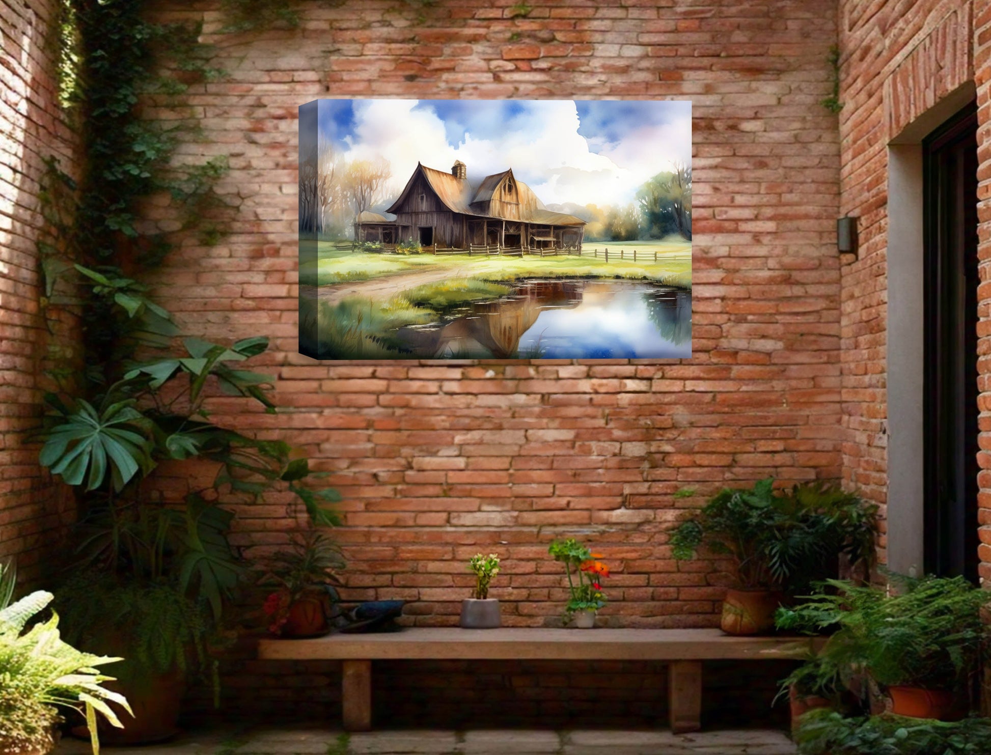 Barn - Evening on the Pond - Canvas Wrap - Waterproof on Patio 3 Wall