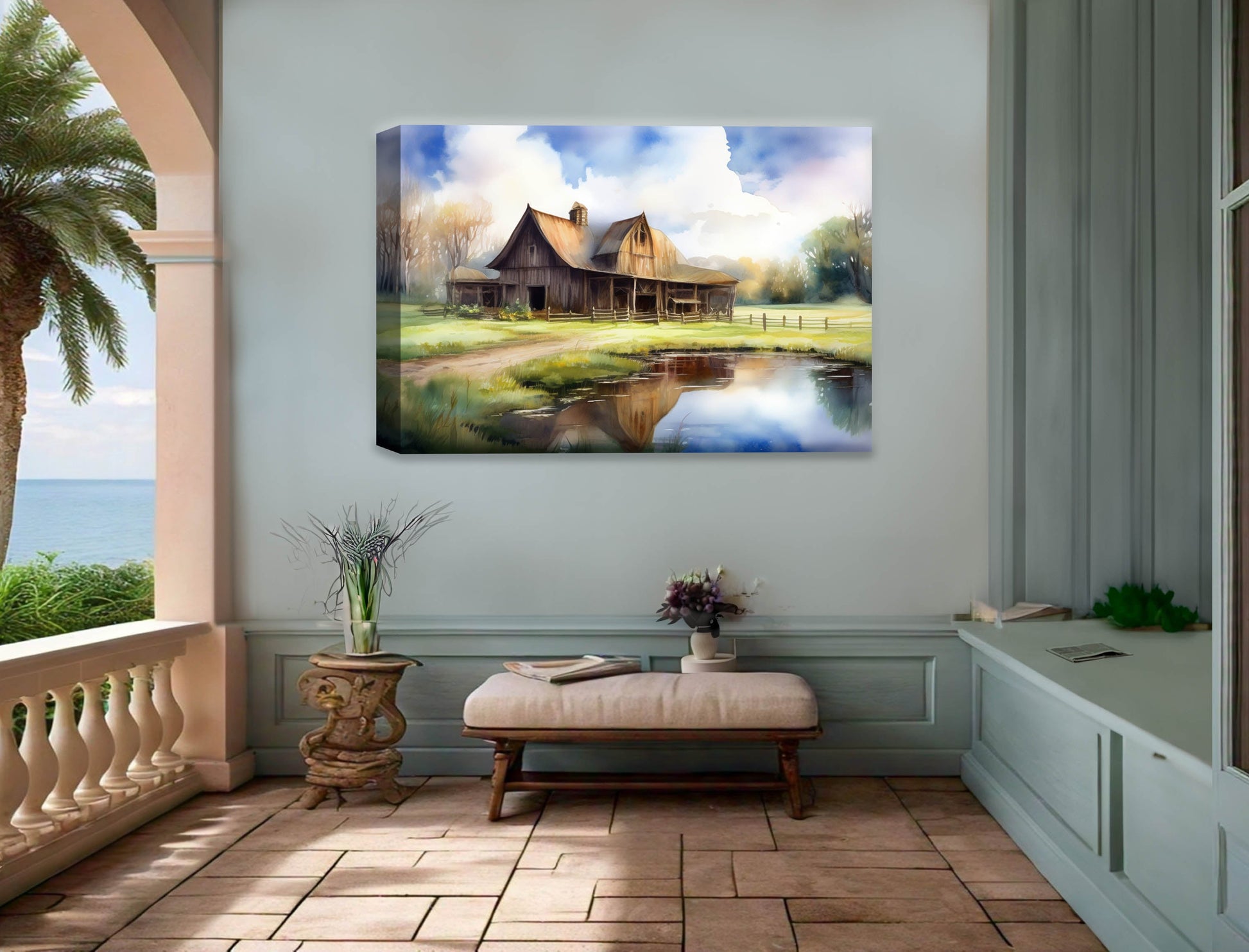 Barn - Evening on the Pond - Canvas Wrap - Waterproof on Patio 5 Wall