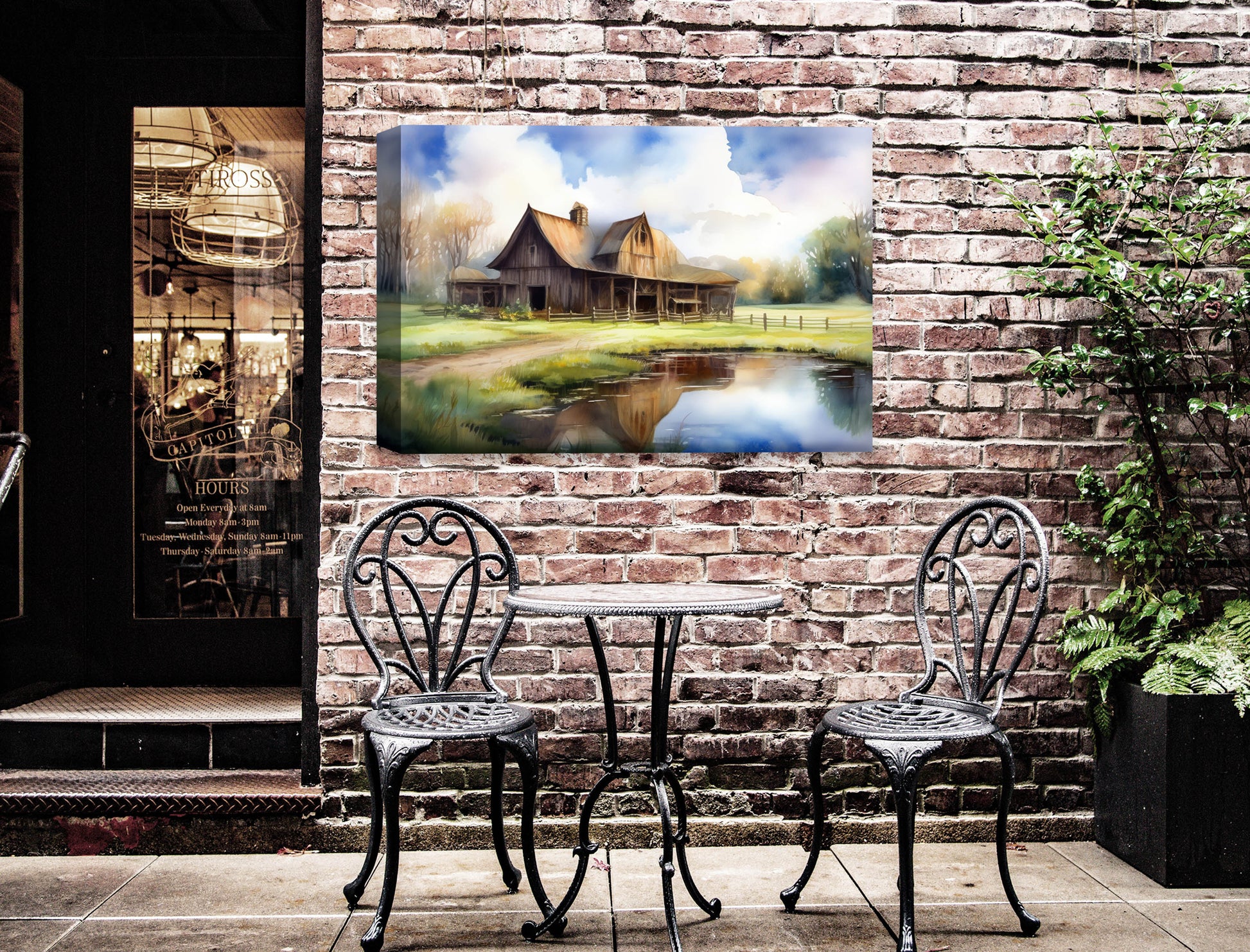 Barn - Evening on the Pond - Canvas Wrap - Waterproof on Patio 2 Wall