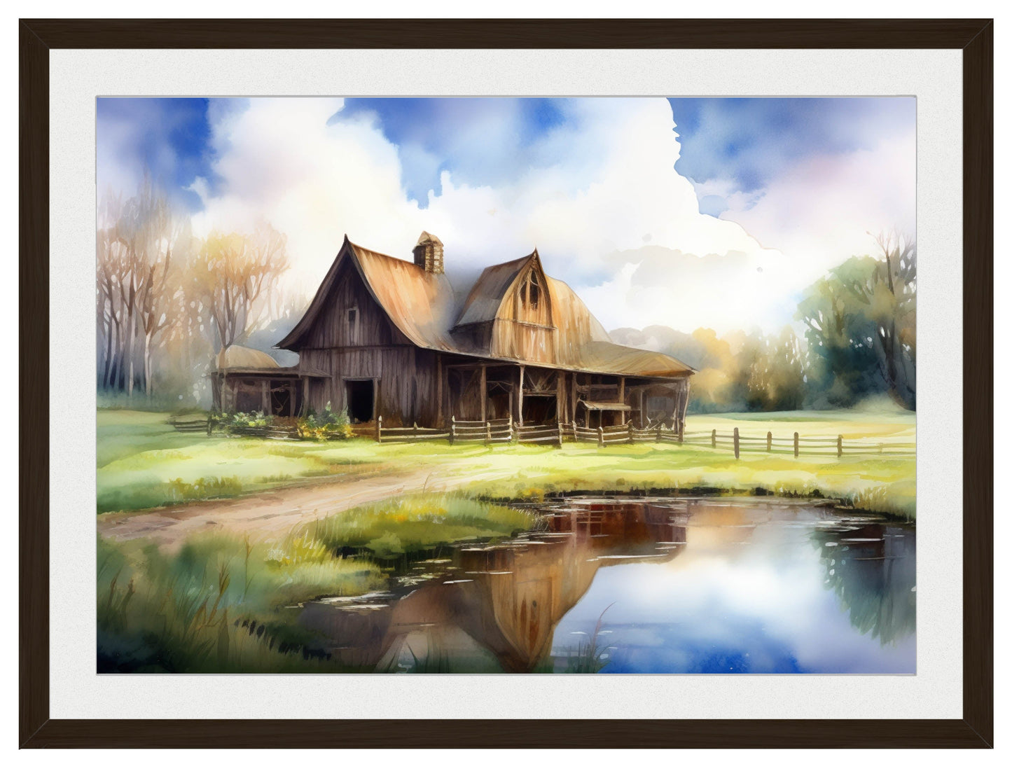 Barn - Evening on the Pond - Framed Photo - Black Frame