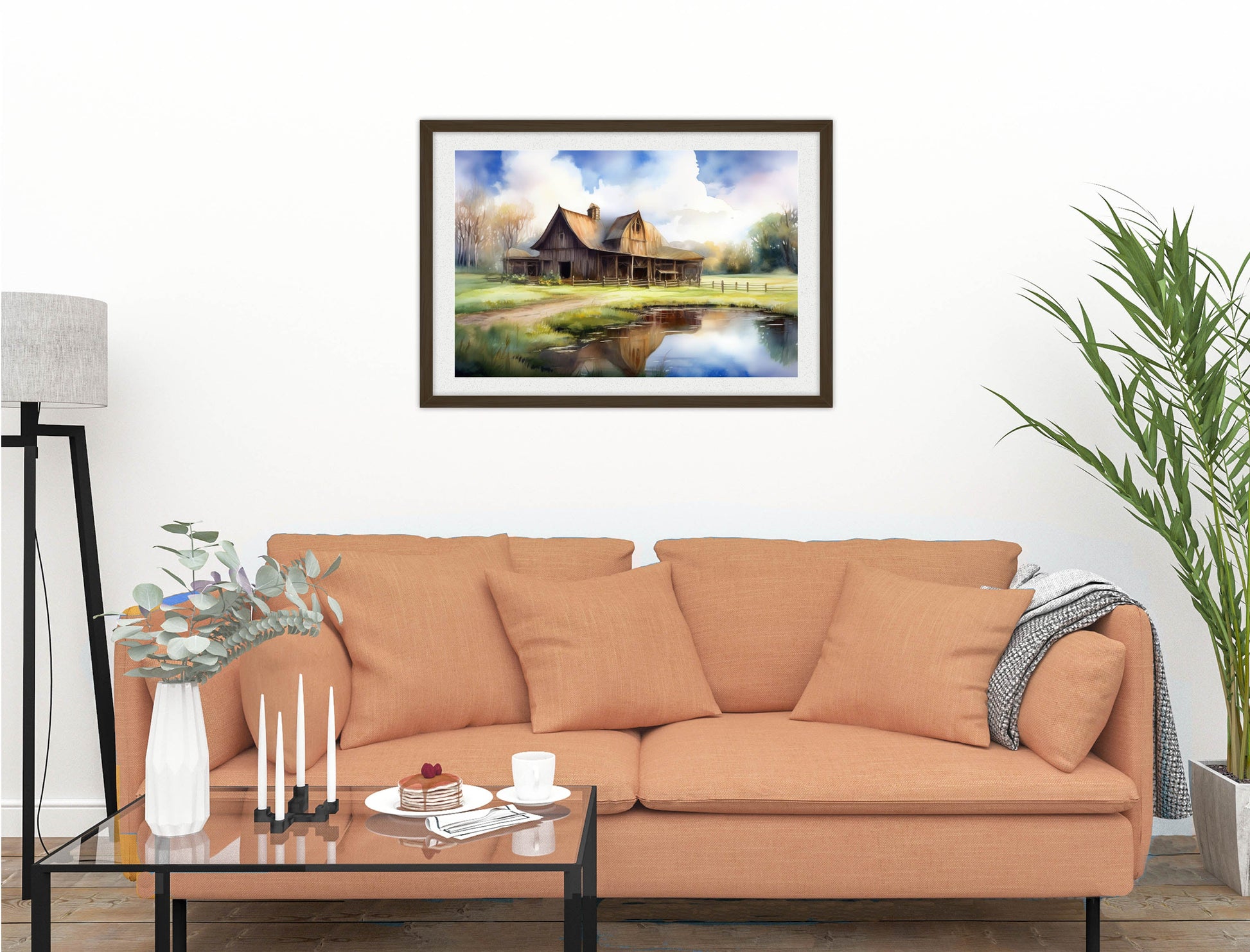 Barn - Evening on the Pond - Framed Photo - Black on Living Room1 Wall-1