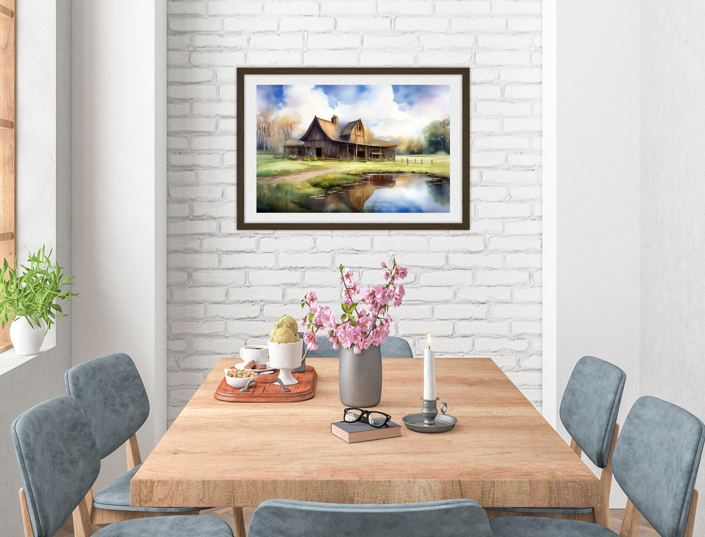 Barn - Evening on the Pond - Framed Photo - Black on Dining Room Room Wall