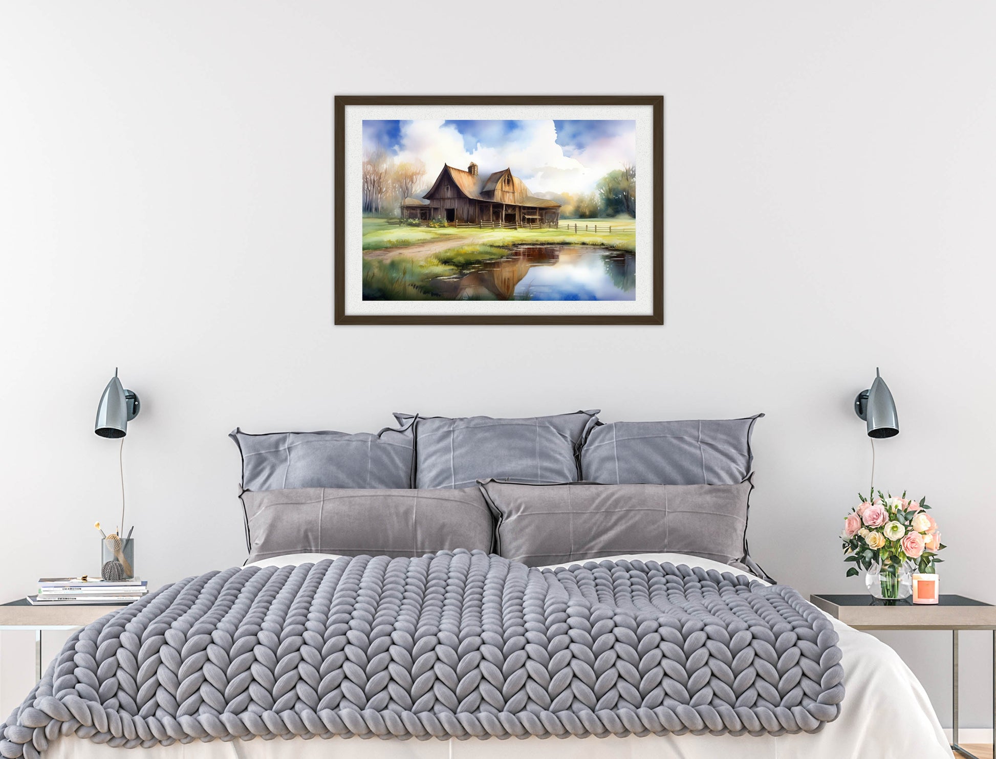 Barn - Evening on the Pond - Framed Photo - Black Frame on Bedroom Wall