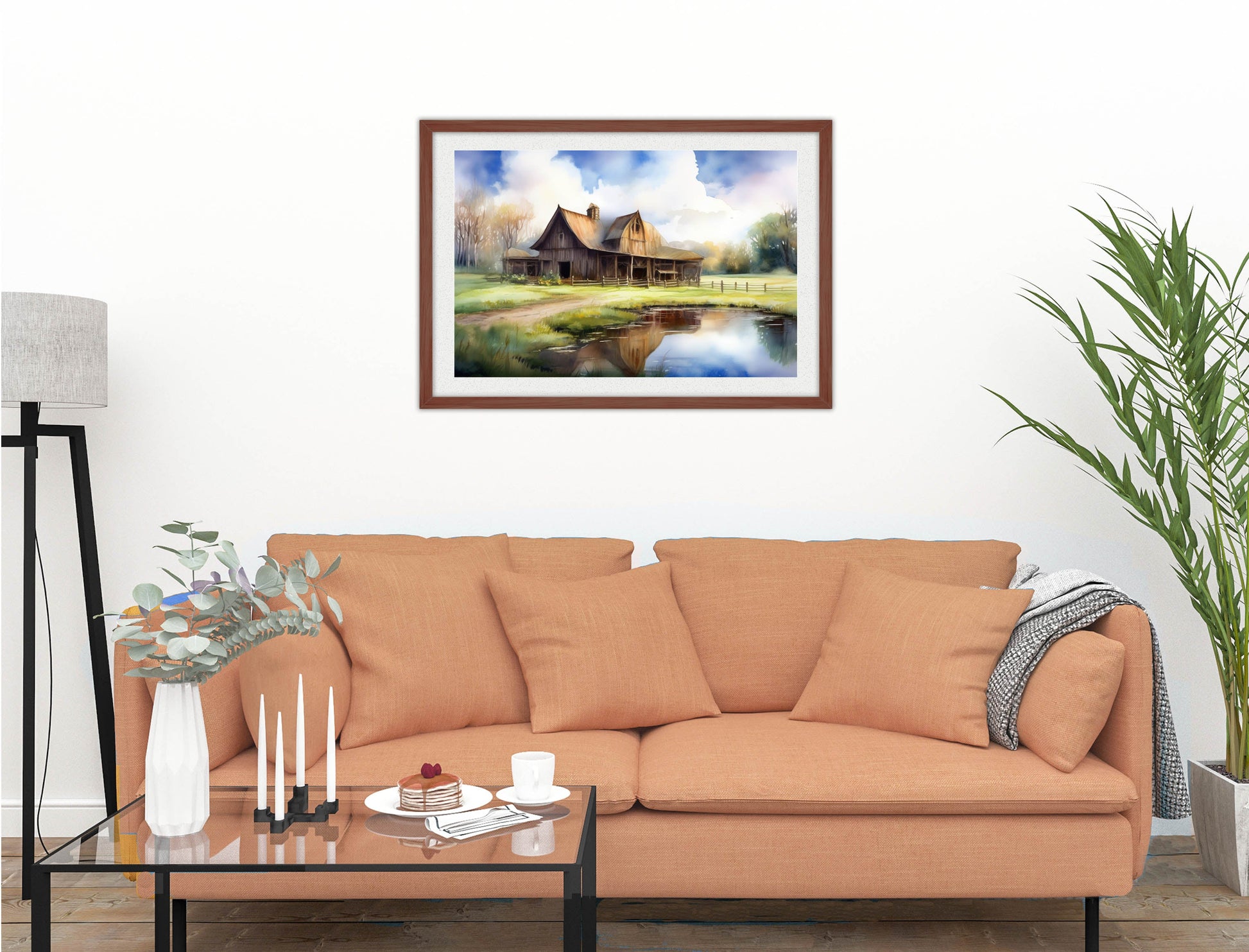 Barn - Evening on the Pond - Framed Photo - Mahogany on Living Room1 Wall-1