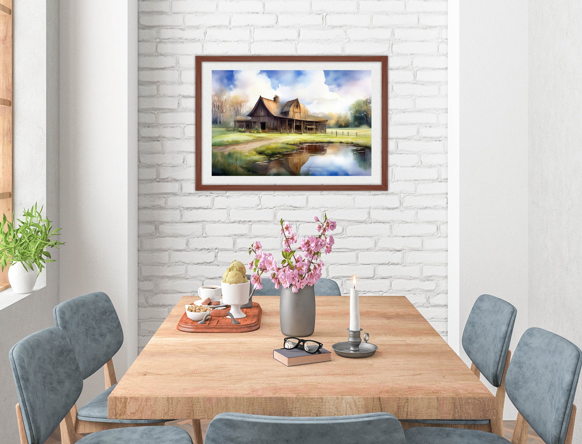 Barn - Evening on the Pond - Framed Photo - Mahogany on Dining Room Room Wall