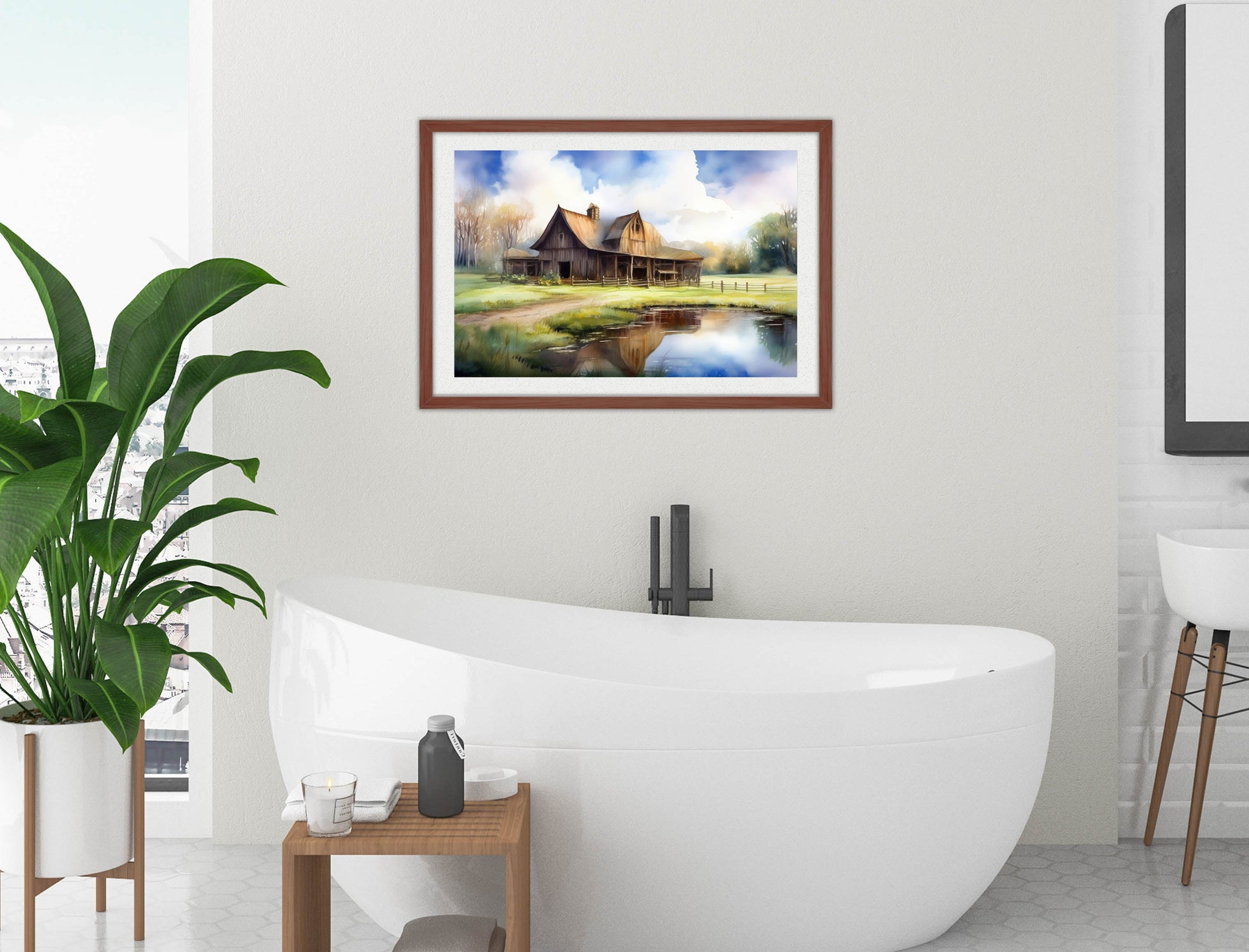 Barn - Evening on the Pond - Framed Photo - Mahogany Frame on Bathroom Wall