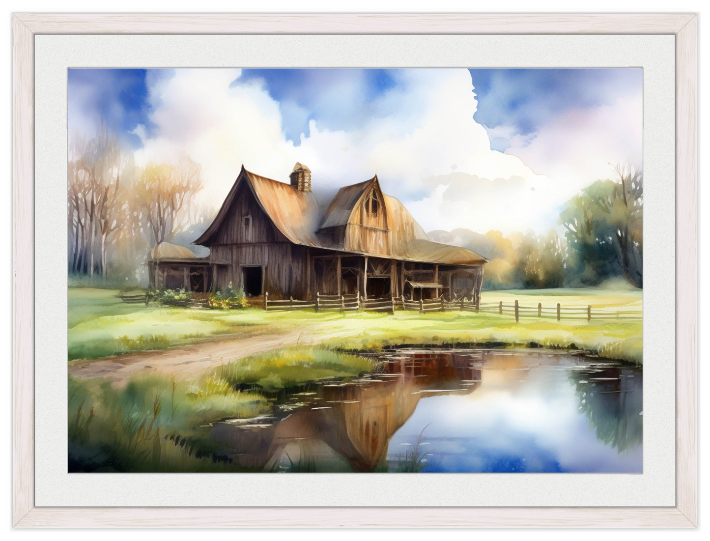 Barn - Evening on the Pond - Framed Photo - White Frame