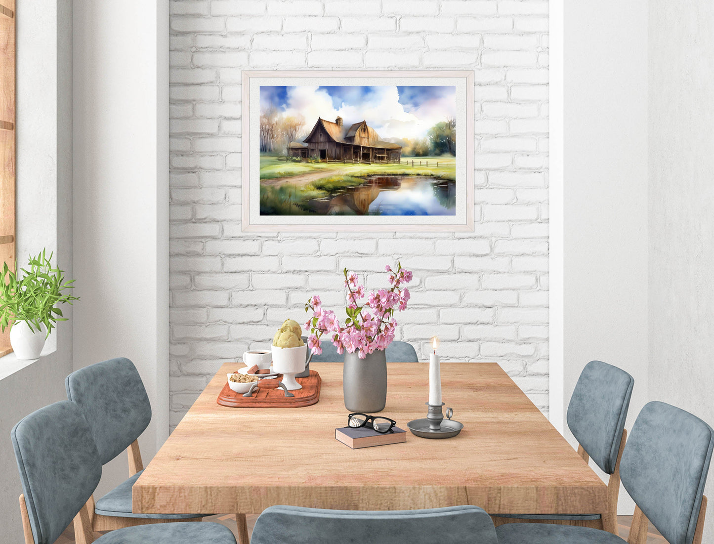 Barn - Evening on the Pond - Framed Photo - White on Dining Room Room Wall