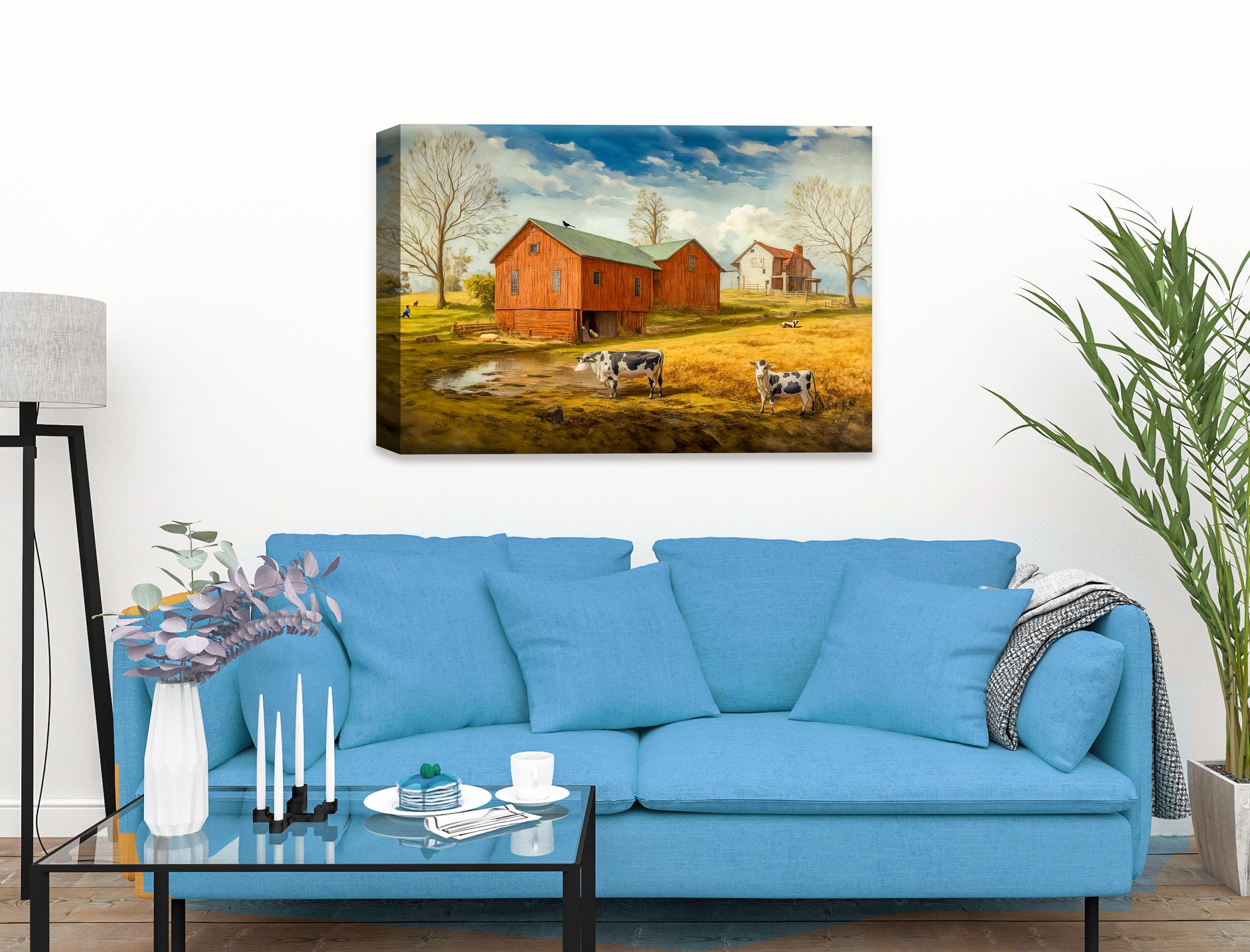 Farm Image - Canvas Wrap on Living Room Wall - Blue Sofa
