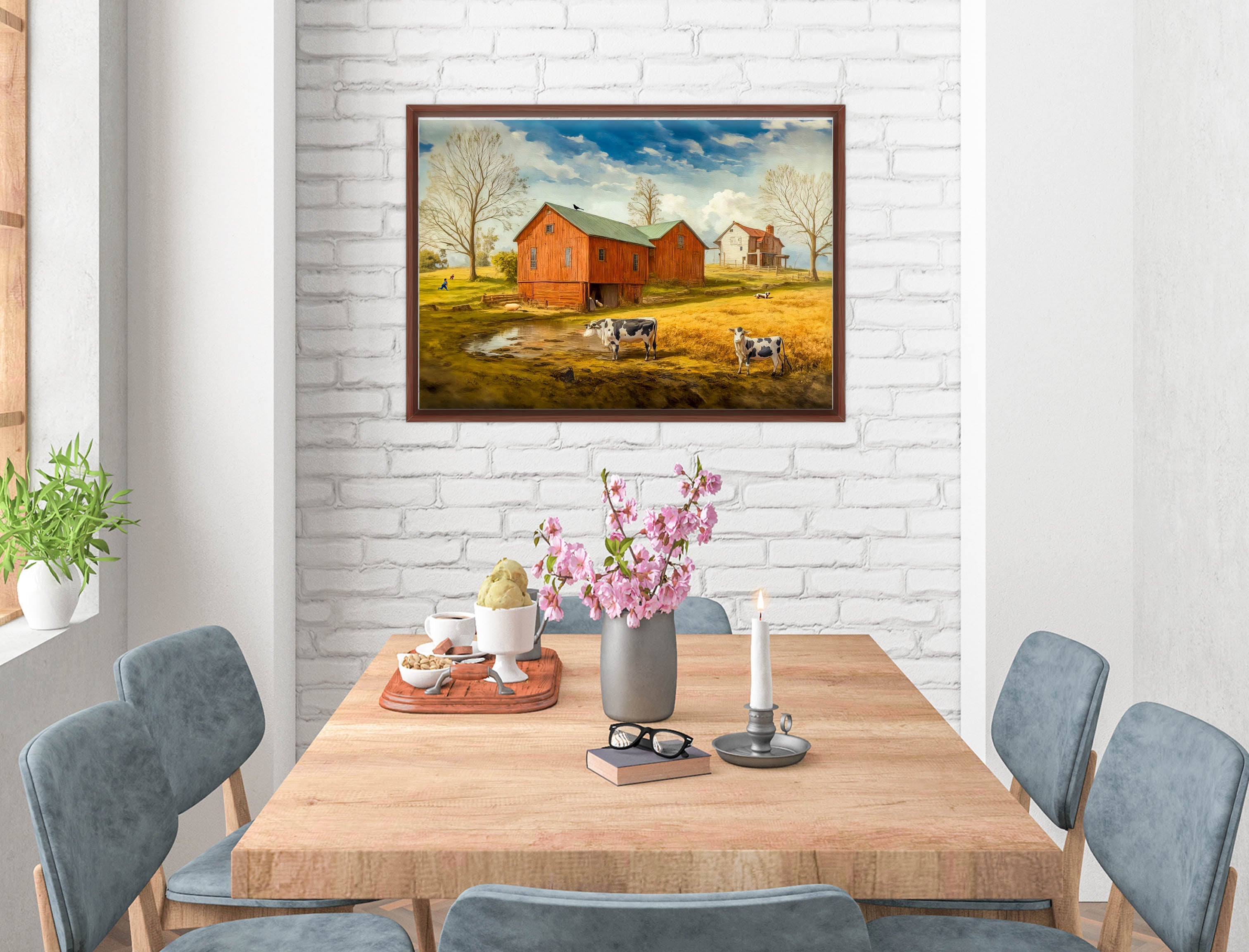 Farm Image - Canvas Wrap - Mahogany Frame on Dining Room Room Wall