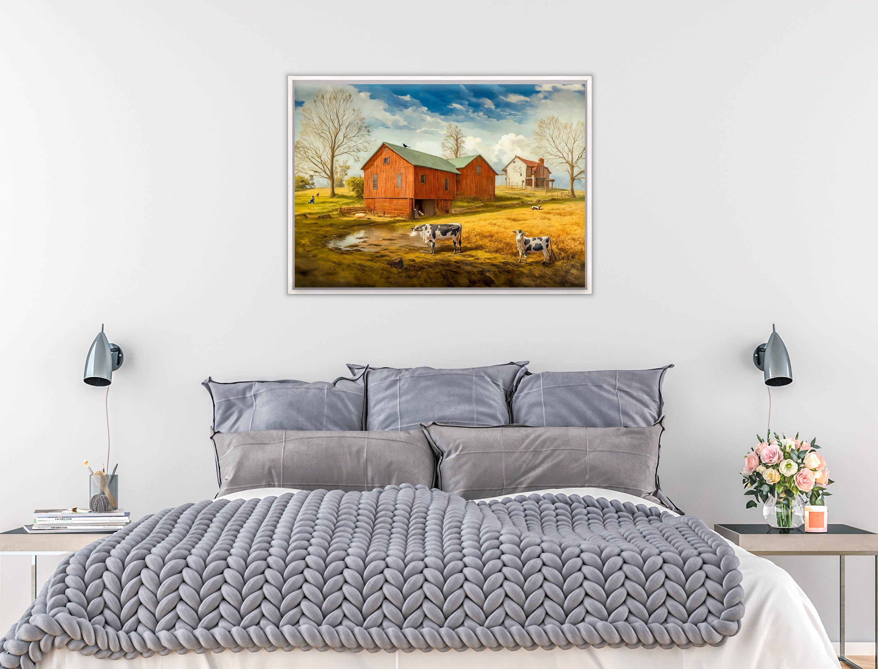 Farm Image - Canvas Wrap - White Frame on Bedroom Wall