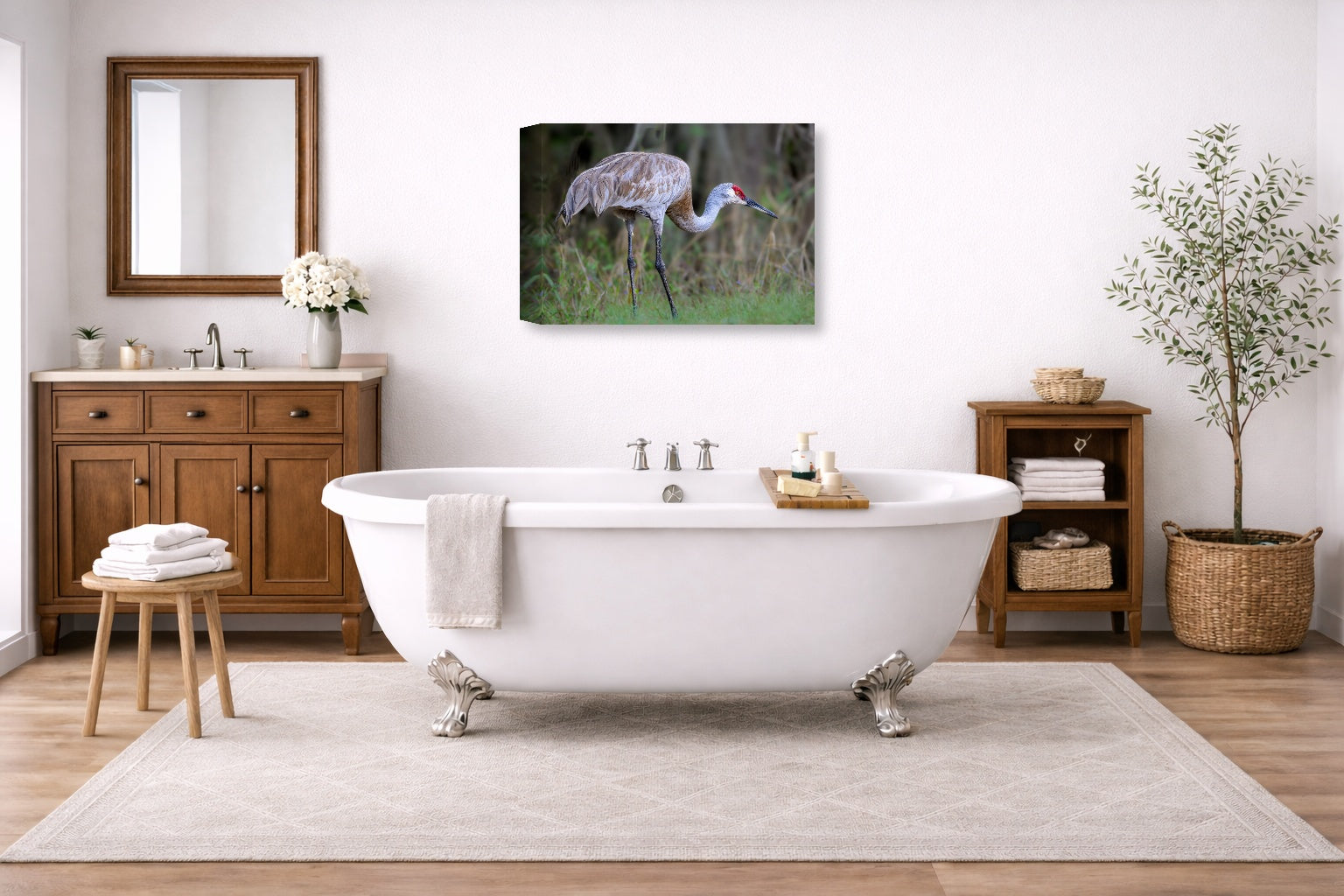 Majestic sandhill crane standing in Grass printed on canvas wall art displayed on a bathroom wall .