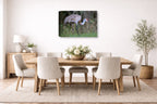 Majestic sandhill crane standing in Grass printed on canvas wall art displayed on a wall in the dinning room