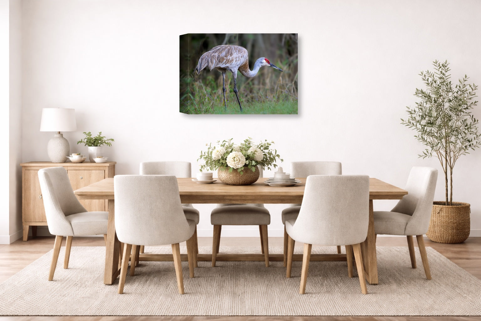 Majestic sandhill crane standing in Grass printed on canvas wall art displayed on a wall in the dinning room
