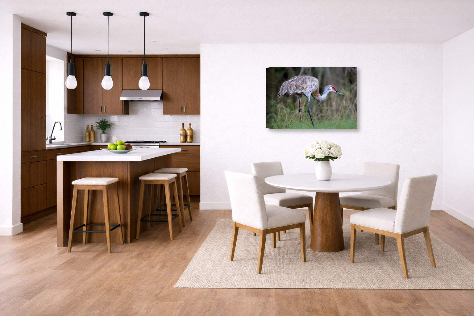 Majestic sandhill crane standing in Grass printed on canvas wall art displayed on a wall in a dinette.