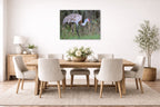 Majestic sandhill crane standing in Grass printed on aluminum metal with wall anchors. Hung on a dining room wall.