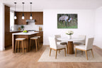 Majestic sandhill crane standing in Grass printed on aluminum metal with wall anchors. Hung on a kitchen-dinette wall.