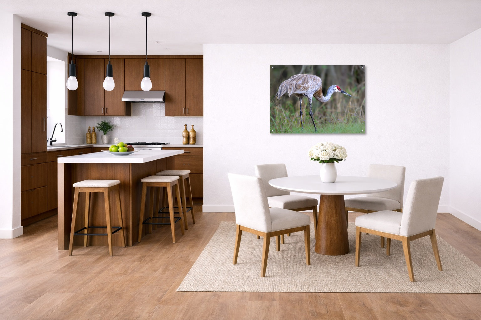 Majestic sandhill crane standing in Grass printed on aluminum metal with wall anchors. Hung on a kitchen-dinette wall.