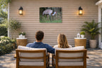 Majestic sandhill crane standing in Grass printed on water resistant canvas and mounted on a waterproof frame. Hung on a patio wall with couple.