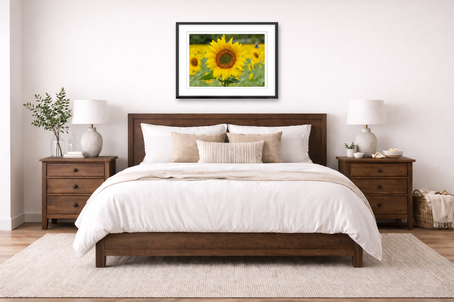 Sunflower in a Field printed on fine art paper, framed on a black frame and matted and hung on a wall on an bedroom wall.