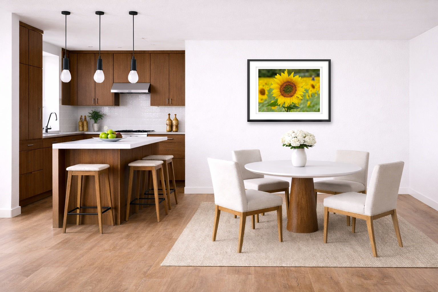 Sunflower in a Field printed on fine art paper, framed on a black frame and matted and hung on a wall on a dinette wall.