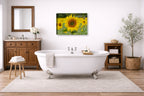 Sunflower in a Field printed on canvas wall art displayed on a bathroom wall .