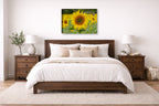 Sunflower in a Field printed on canvas wall art displayed on a wall above a bed.