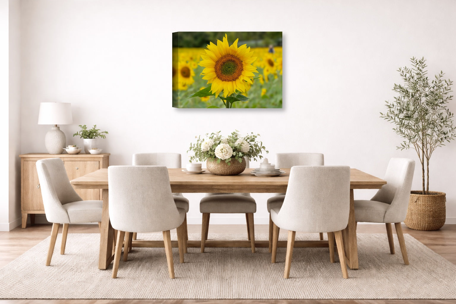 Sunflower in a Field printed on canvas wall art displayed on a wall in the dinning room
