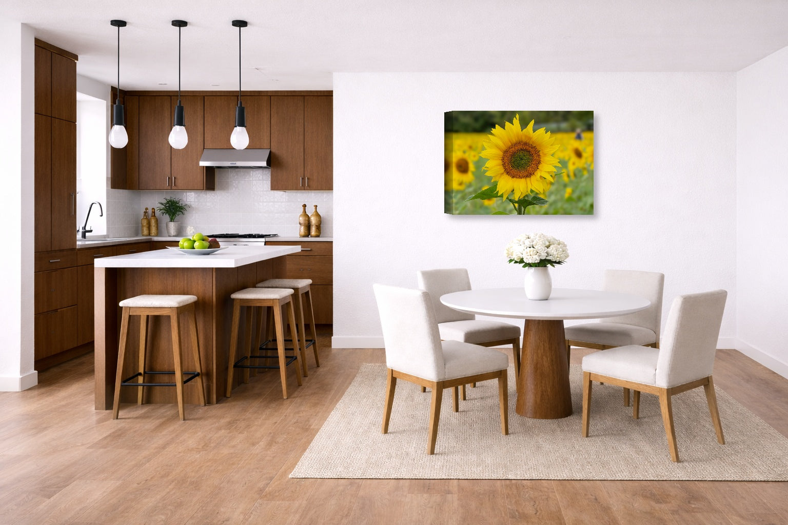 Sunflower in a Field printed on canvas wall art displayed on a wall in a dinette.
