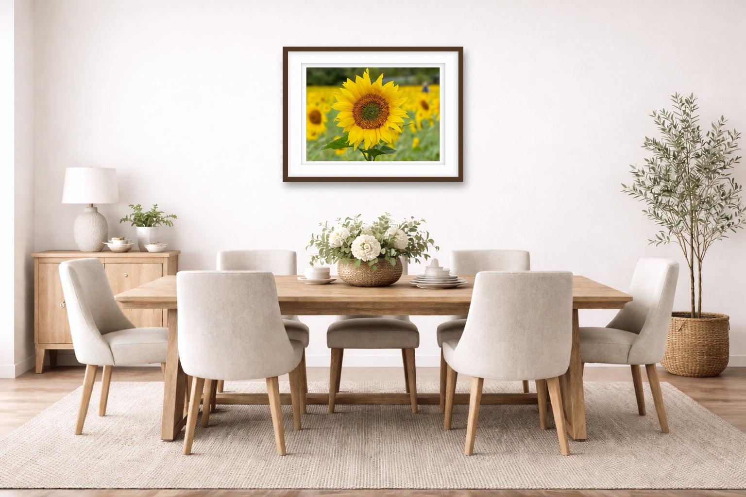 Sunflower in a Field printed on fine art paper, framed on a espresso frame and matted. Hung on a dinning room wall