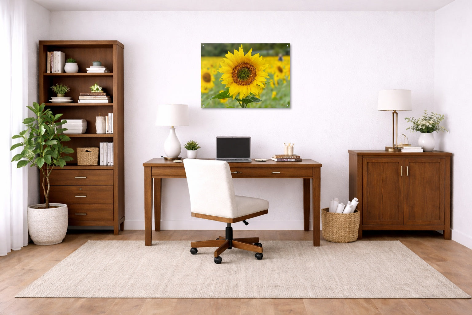 Sunflower in a Field printed on aluminum metal with wall anchors. Hung on a office wall.