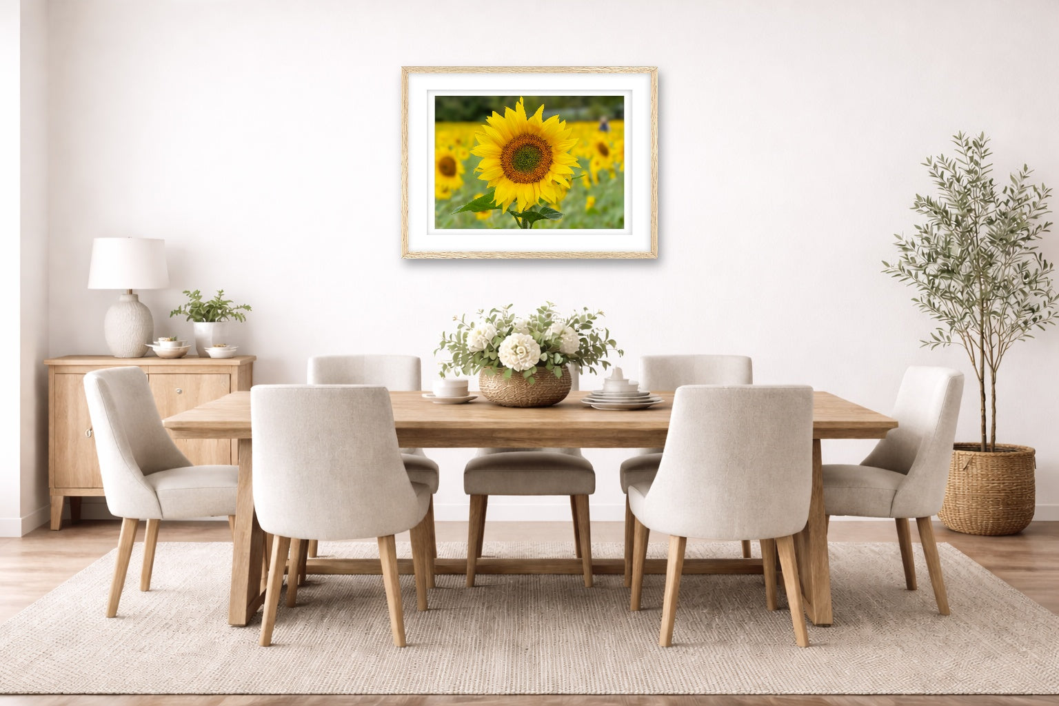 Sunflower in a Field printed on fine art paper, framed on a oak frame and matted. Hung on a dining room wall.