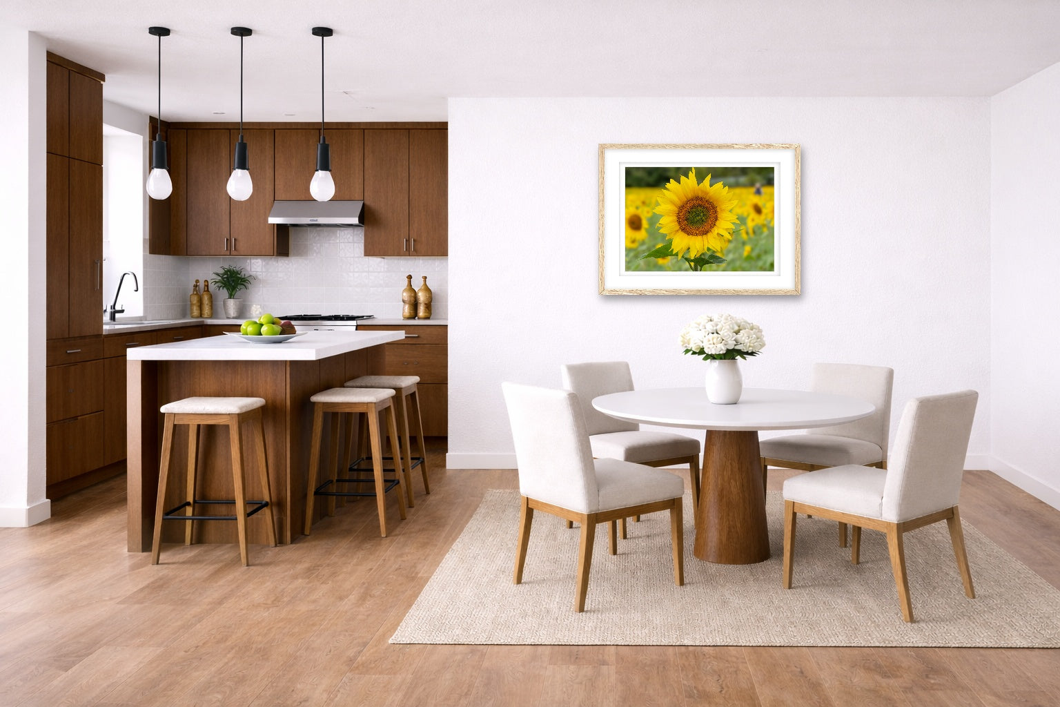Sunflower in a Field printed on fine art paper, framed on a oak frame and matted. Hung on a kitchen-dinette wall.