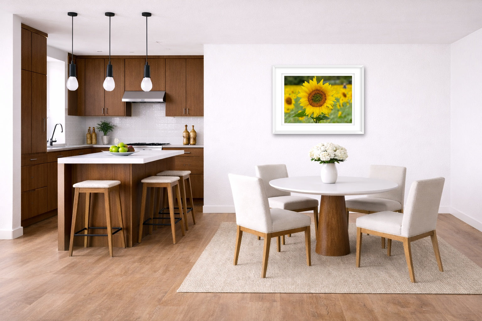 Sunflower in a Field printed on fine art paper, framed on a white frame and matted. Hung on a kitchen-dinette wall.
