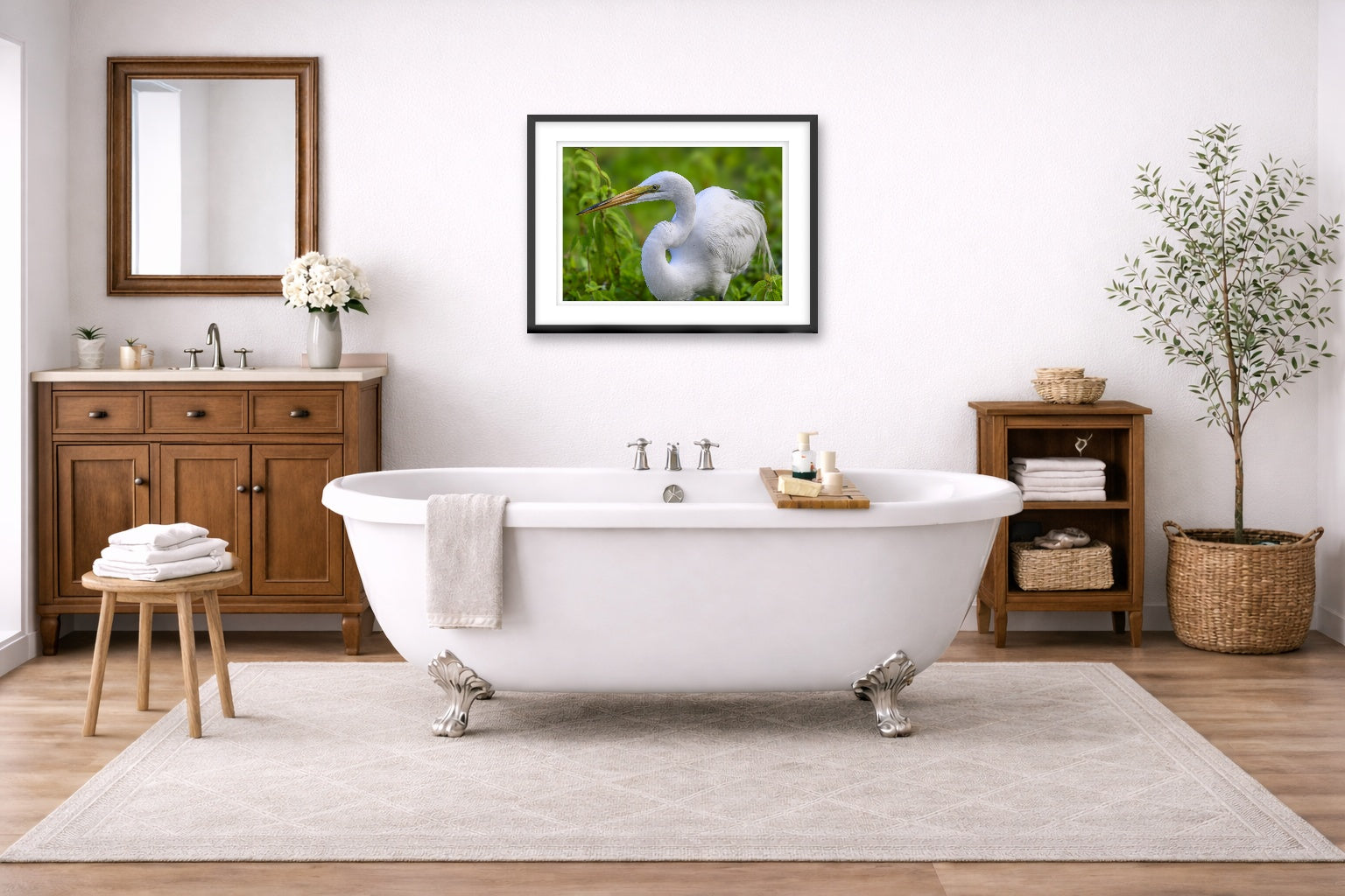 White Egret in Flight printed on fine art paper, framed on a black frame and matted and hung on a wall on an bathroom wall.