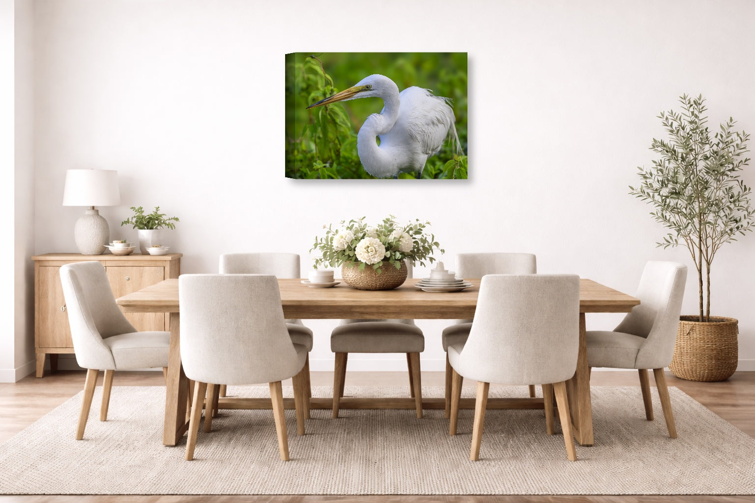 White Egret in Flight printed on canvas wall art displayed on a wall in the dinning room