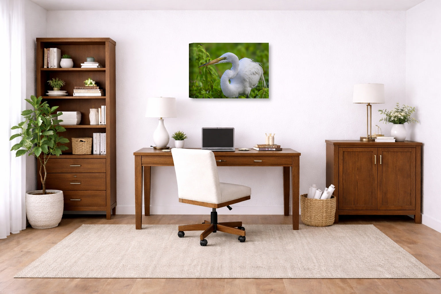 White Egret in Flight printed on canvas wall art displayed on a wall in a a home office.