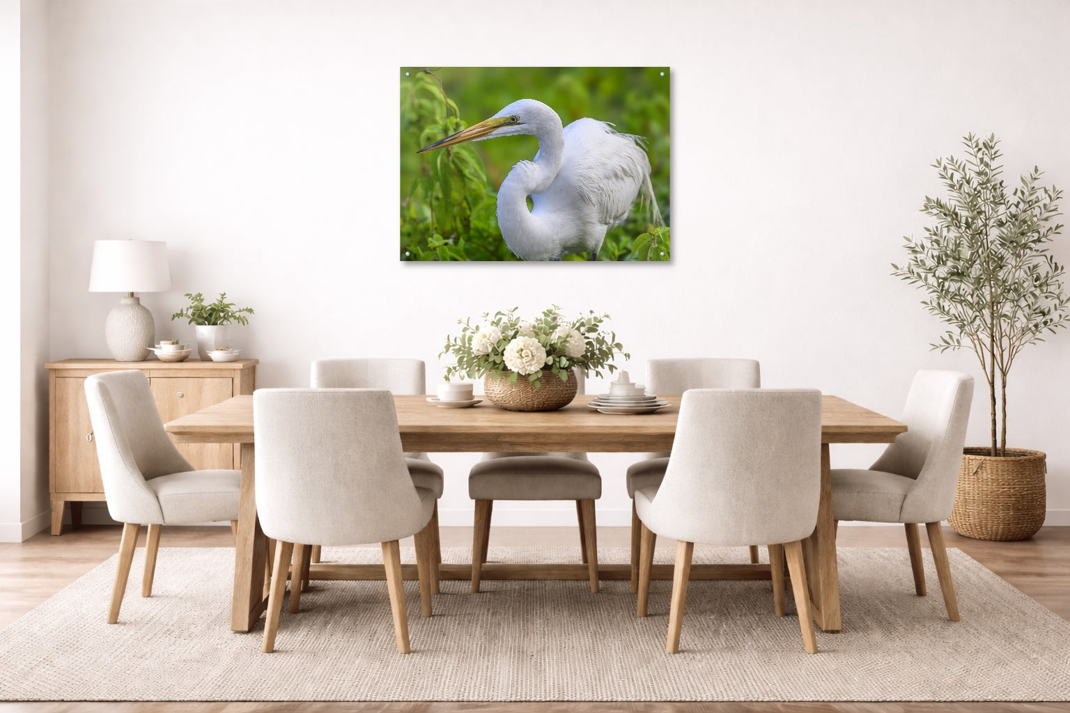 White Egret in Flight printed on aluminum metal with wall anchors. Hung on a dining room wall.