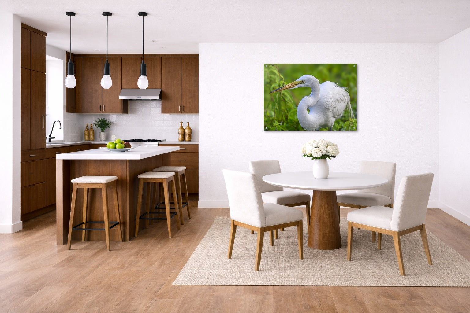White Egret in Flight printed on aluminum metal with wall anchors. Hung on a kitchen-dinette wall.