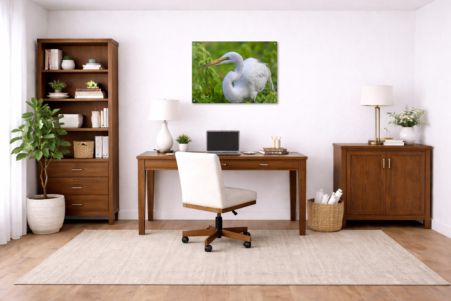 White Egret in Flight printed on aluminum metal with wall anchors. Hung on a office wall.