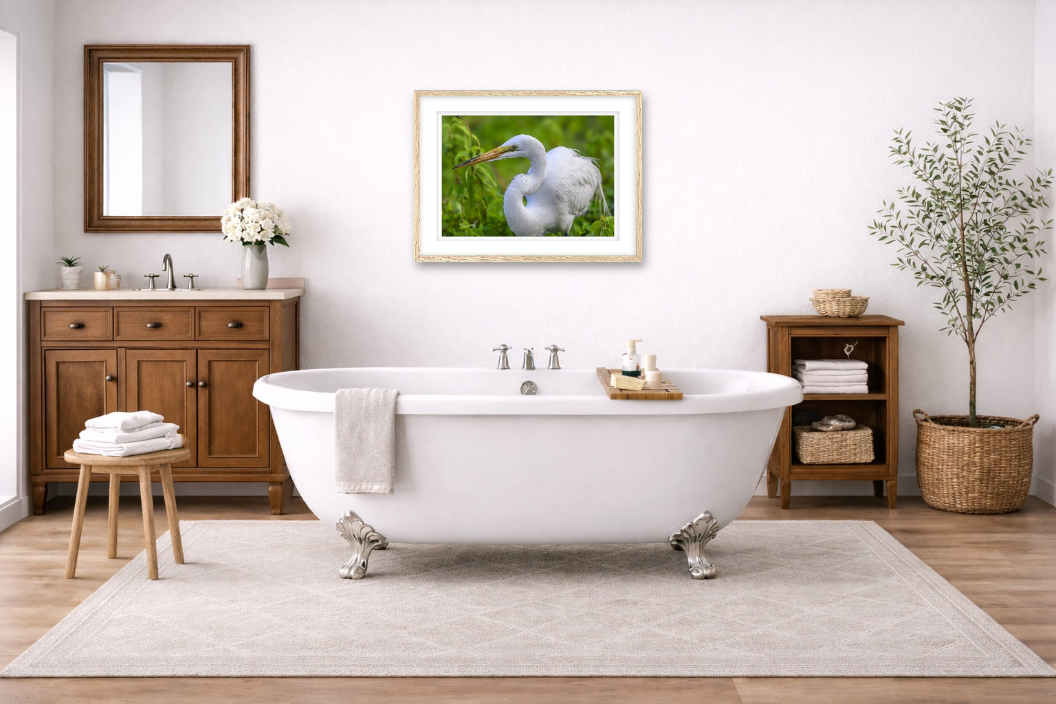 White Egret in Flight printed on fine art paper, framed on a oak frame and matted. Hung on a bathroom wall.