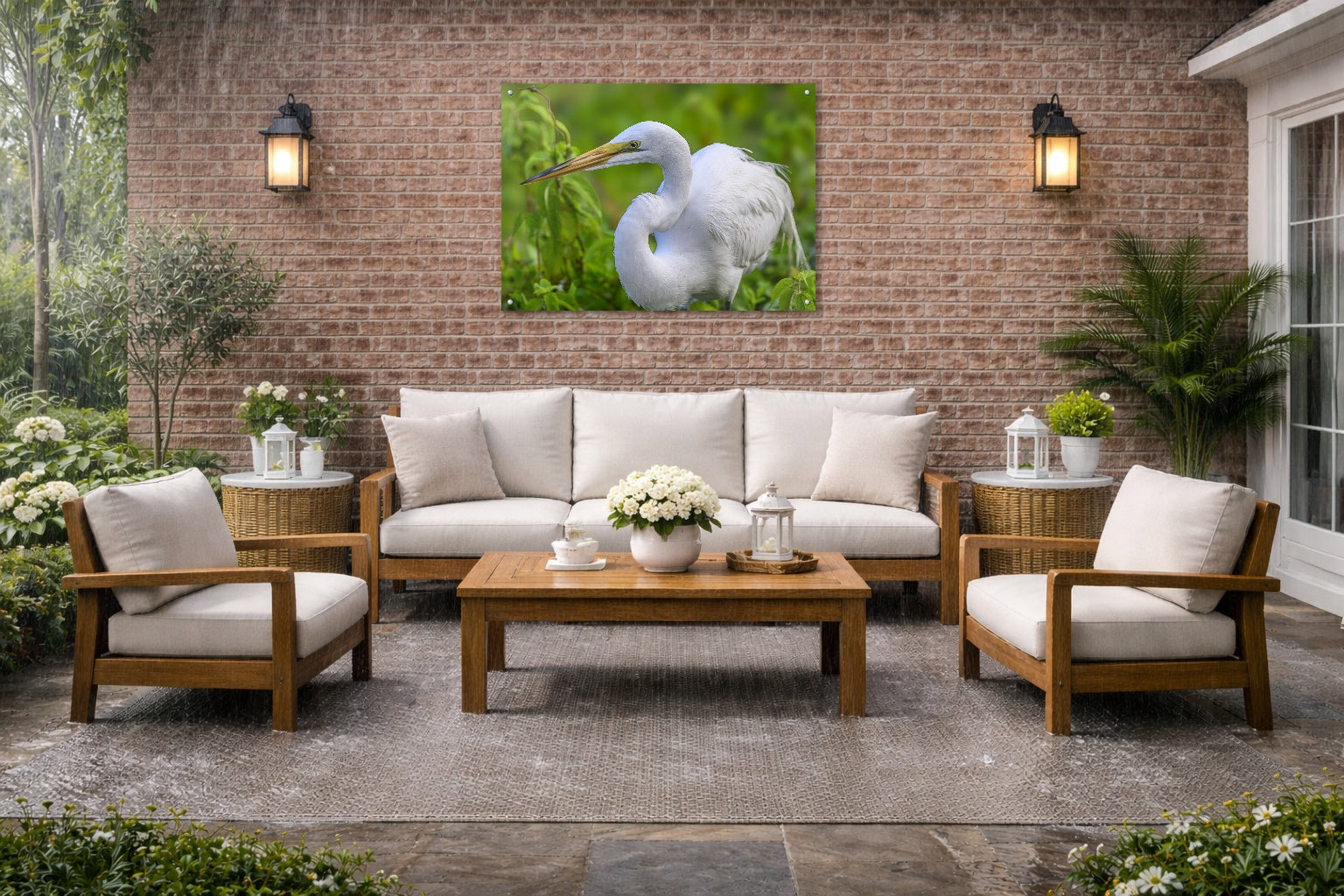 White Egret in Flight printed on water resistant canvas and mounted on a waterproof frame. Hung on a patio wall.