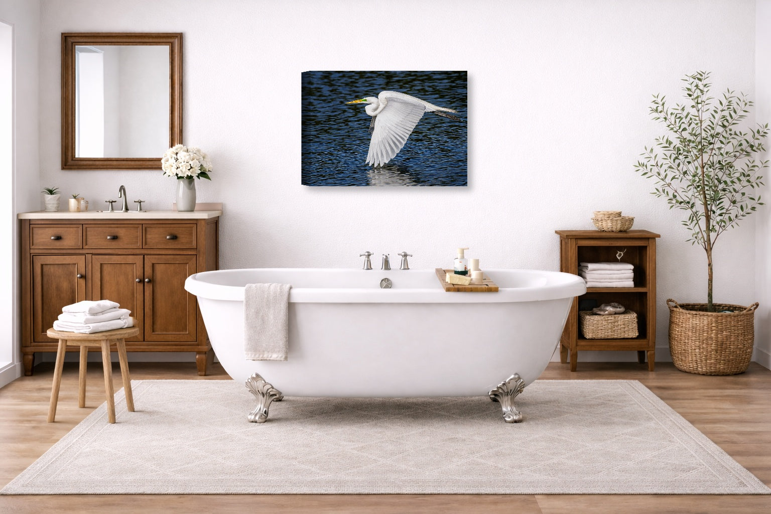 White Egret in Flight printed on canvas wall art displayed on a bathroom wall .