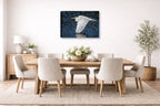 White Egret in Flight printed on canvas wall art displayed on a wall in the dinning room