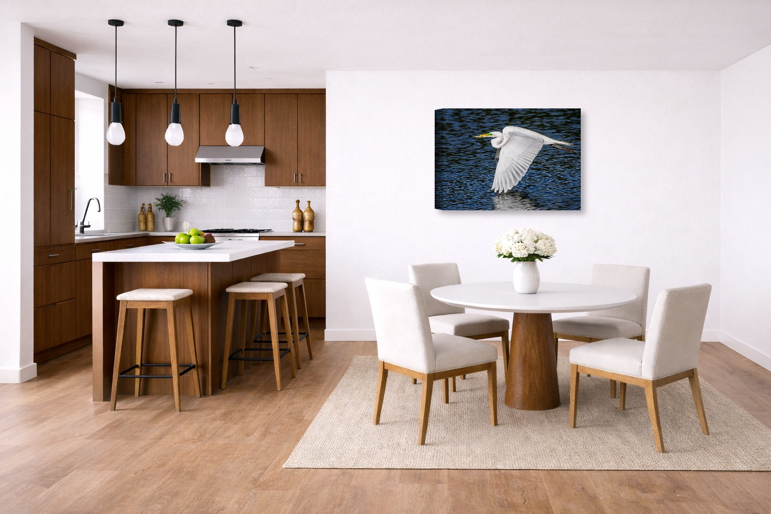 White Egret in Flight printed on canvas wall art displayed on a wall in a dinette.