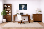 White Egret in Flight printed on canvas wall art displayed on a wall in a a home office.