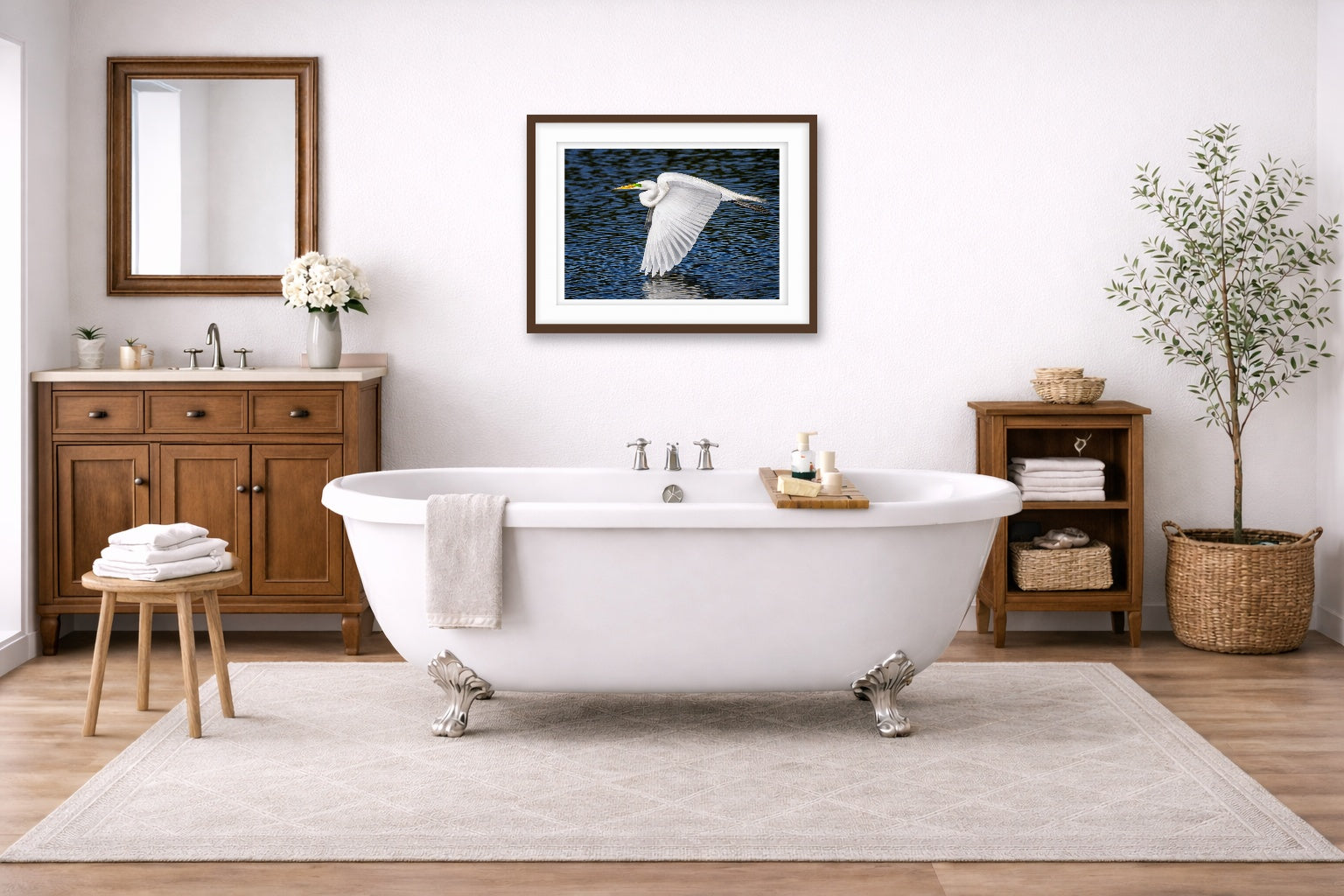 White Egret in Flight printed on fine art paper, framed on a espresso frame and matted. Hung on a bathroom wall.